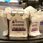 Plastic bags on a carousel at the Stop and Shop at the South Bay Plaza in 2017.