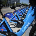A rack of Bluebikes