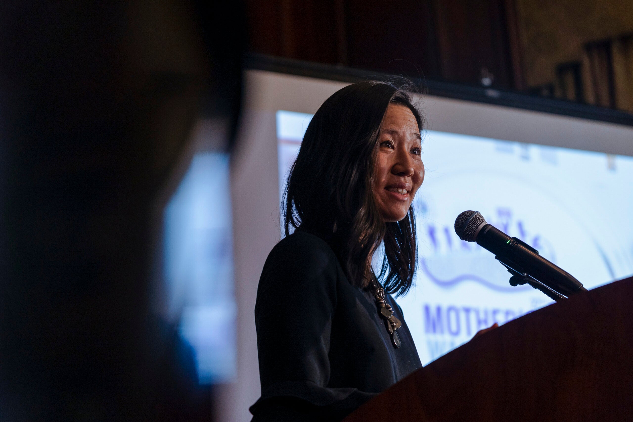 Boston Mayor Michelle Wu speaks at the Hampshire Center in Boston, on March 29, 2023.