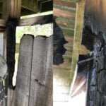 Two images of a damaged outdoor shower believed to have been caused by a mirror.