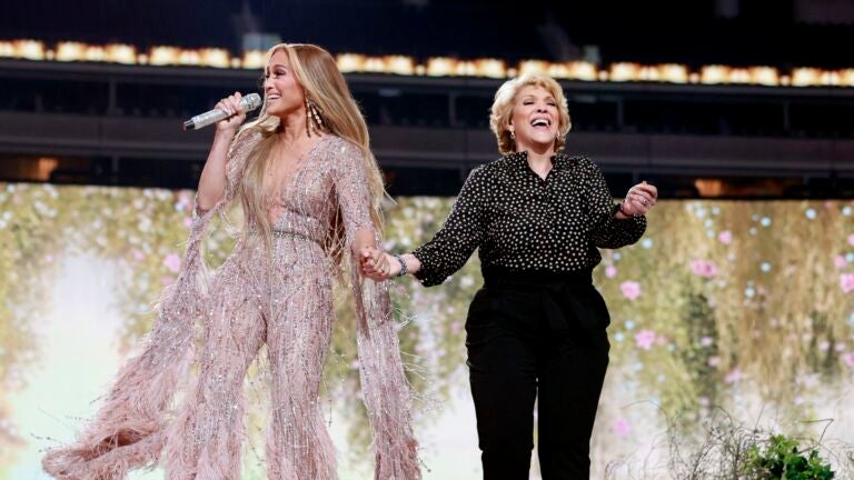Jennifer Lopez and Guadalupe Rodríguez perform onstage during Global Citizen VAX LIVE: The Concert To Reunite The World at SoFi Stadium in Inglewood, California.