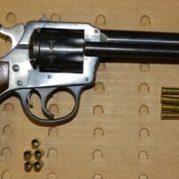 A large revolver and several rounds of ammunition.