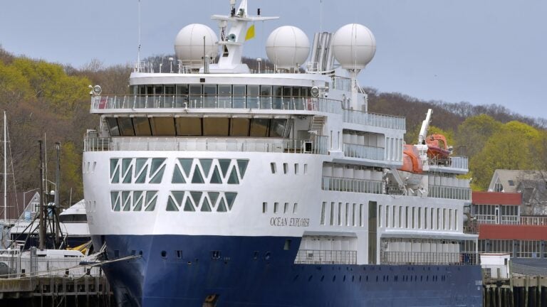 The Vantage Travel cruise ship Ocean Explorer docked at the Gloucester Cruiseport on April 27, 2023.