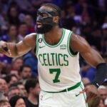 Boston Celtics guard Jaylen Brown (7) reacts to sinking a three pointer during the first quarter. The Philadelphia 76ers host the Boston Celtics in GM4 of the Eastern Conference Semifinals on May 7, 2023 at the Wells Fargo Center in Philadelphia, PA.
