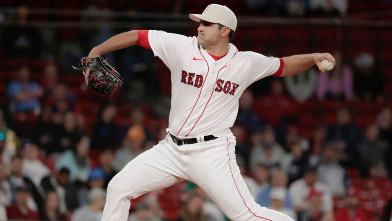 Boston Red Sox relief pitcher Richard Bleier (35) delivers a pitch against the St. Louis Cardinals during ninth inning action at Fenway Park.