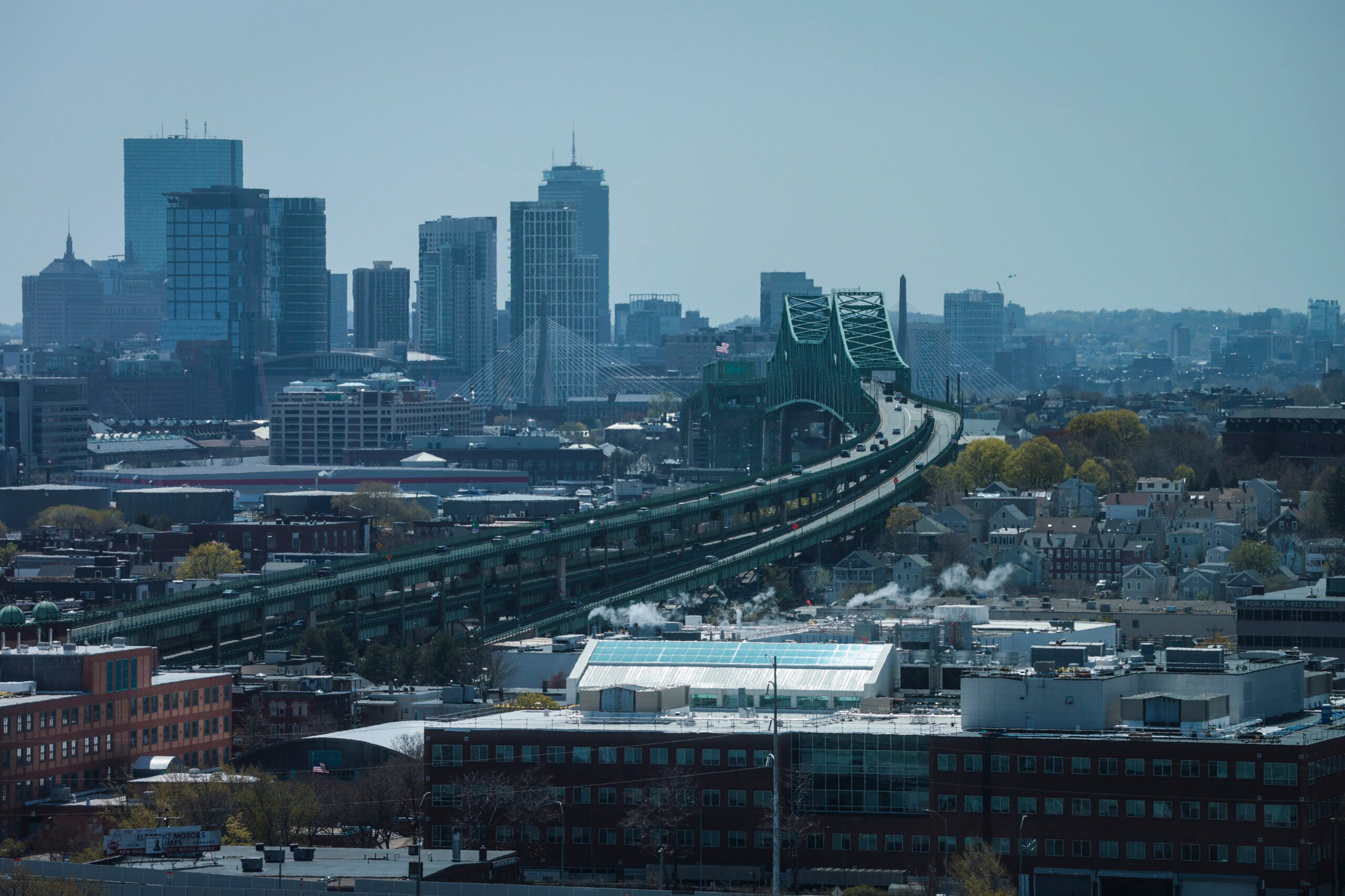 The Tobin Bridge spans across the Boston skyline