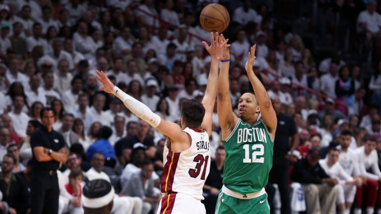 The Celtics' Grant Williams hit that three-pointer over Miami's Max Strus to give Boston an 88-77 lead in the third quarter.  The Boston Celtics visited the Miami Heat for Game 4 of their NBA Eastern Conference Finals series at Kaseya Center.