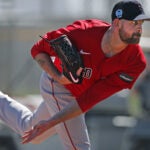 Red Sox pitcher James Paxton is pictured throwing a live batting practice session. The Red Sox continued Spring Training workouts at the team’s Fenway South Complex today.