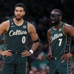The Celtics Jayson Tatum (0) and Jaylen Brown (7) are pictured together in the second quarter as Philadelphis has the lead. The Boston Celtics hosted the Philadelphia 76ers for Game Five of their NBA Eastern Conference Semi Final basketball series at the TD Garden.