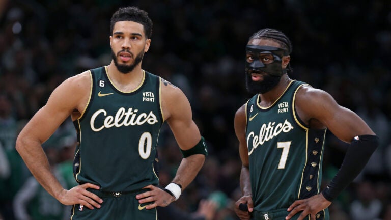 The Celtics Jayson Tatum (0) and Jaylen Brown (7) are pictured together in the second quarter as Philadelphis has the lead. The Boston Celtics hosted the Philadelphia 76ers for Game Five of their NBA Eastern Conference Semi Final basketball series at the TD Garden.
