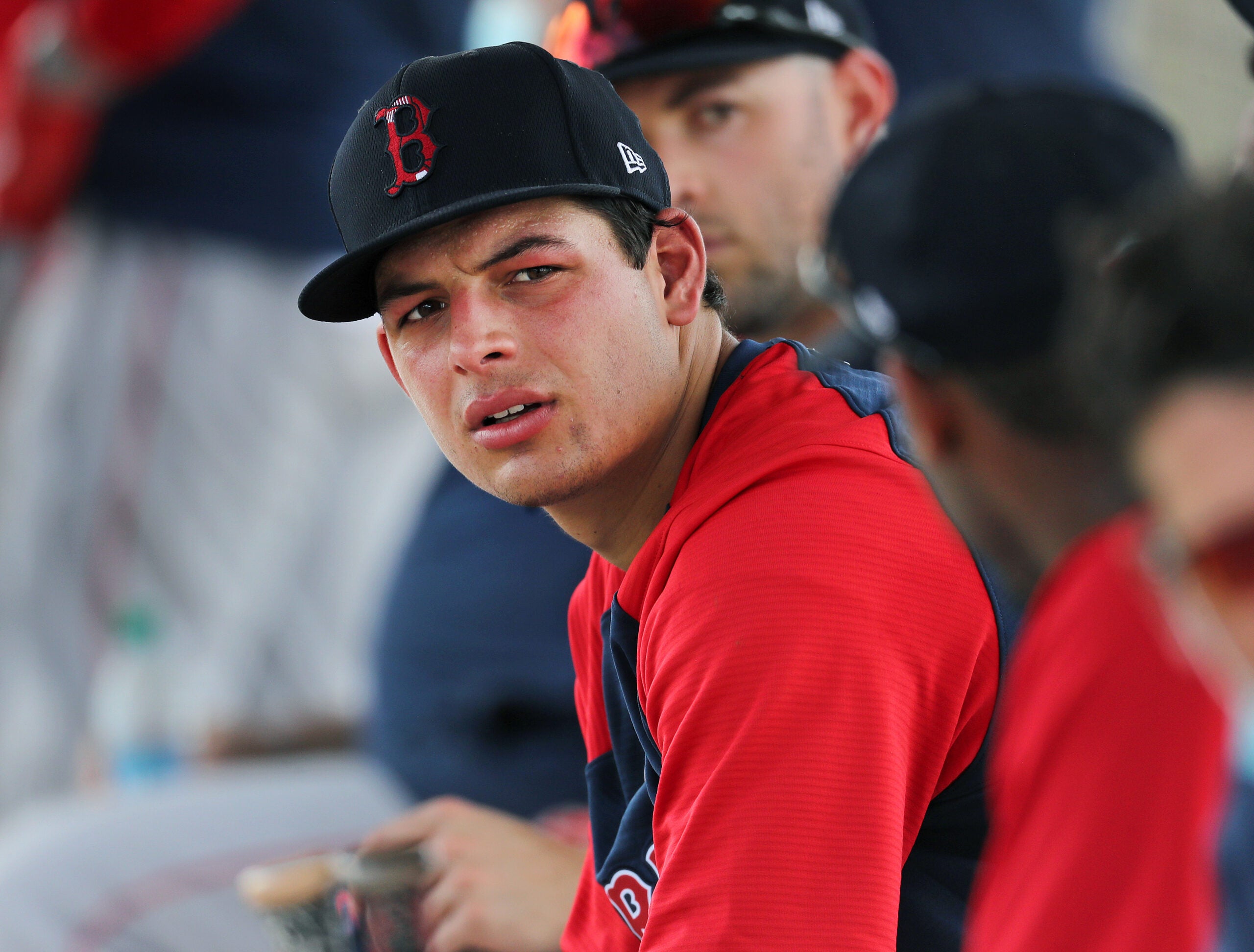 Red Sox infield prospect Nick Yorke is pictured in a dugout during a simulated game.