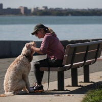 A woman has a warm moment with her 18 month old Golden Doodle Lincoln at Castle Island.