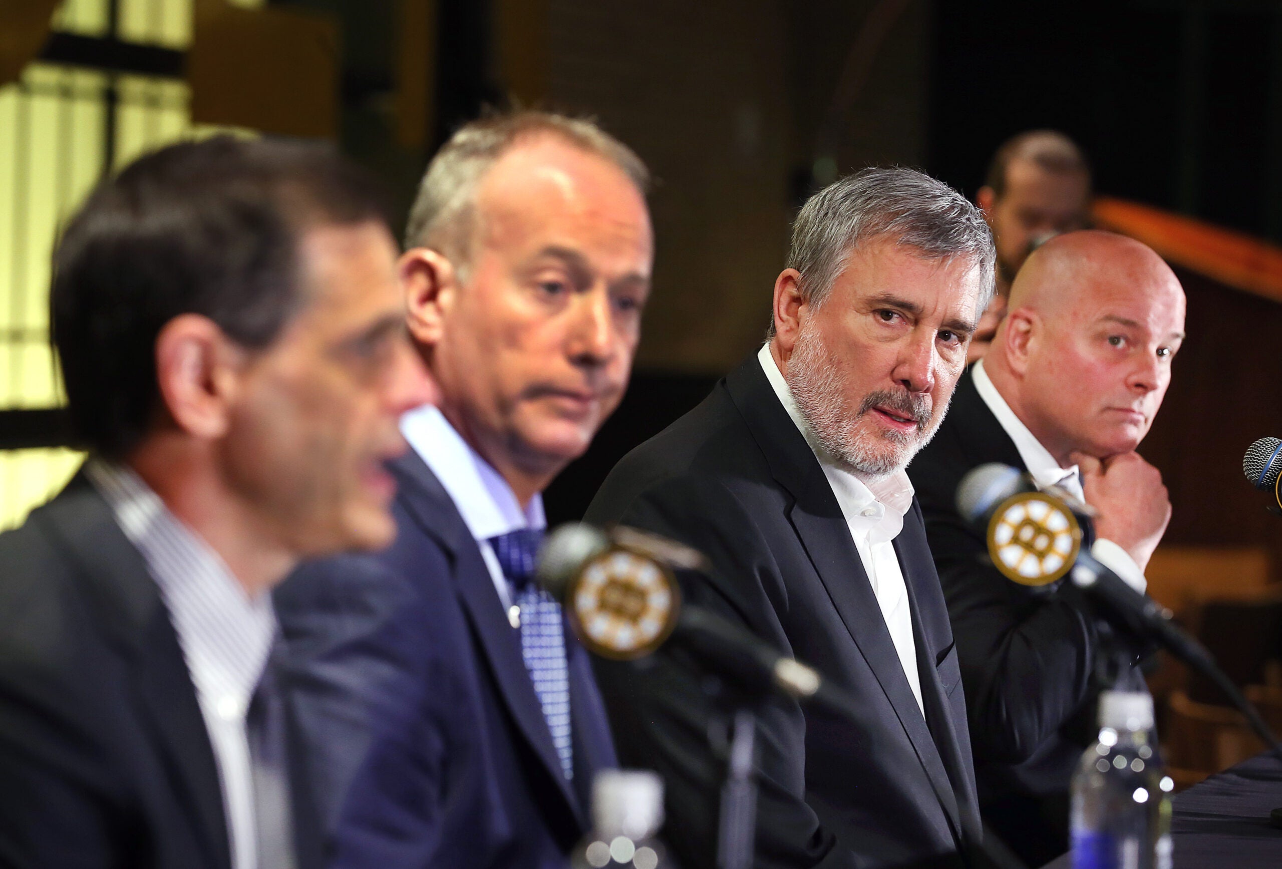 The Boston Bruins GM Don Sweeney, CEO Charlie Jacobs, President Cam Neely and coach Jim Montgomery held an end of season press conference at TD Garden.