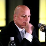 Boston-05/09/2023 Boston Bruins coach Jim Montgomery looks downcast as the Bruins held an end of season press conference at TD Garden.