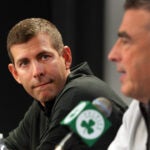 The Boston Celtics held a press conference to address the suspension of their head coach Ime Udoka. Celtics owner Wyc Grousbeck (right) and Brad Stevens spoke.