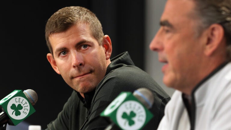 The Boston Celtics held a press conference to address the suspension of their head coach Ime Udoka. Celtics owner Wyc Grousbeck (right) and Brad Stevens spoke.