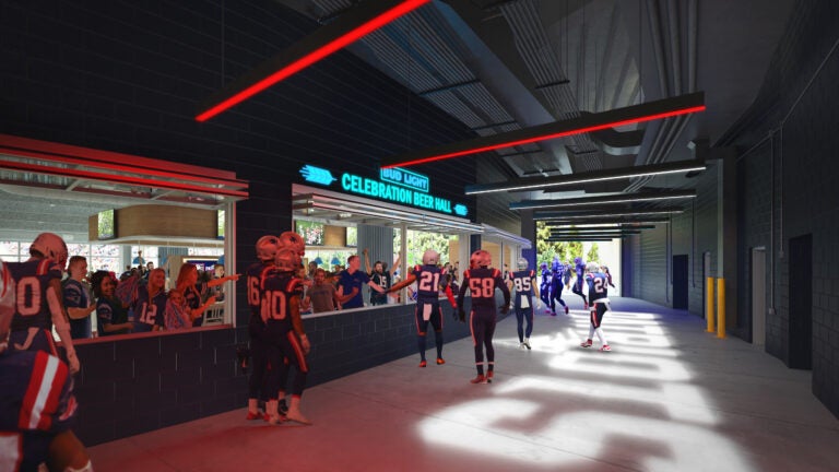 A rendering of the tunnel view of the Celebration Beer Hall at Gillette Stadium.