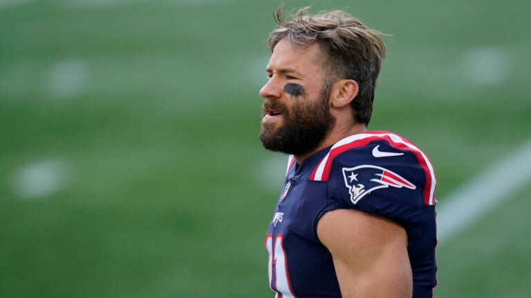 New England Patriots wide receiver Julian Edelman warms up before an NFL football game against the San Francisco 49ers, Monday, Oct. 26, 2020, in Foxborough, Mass.