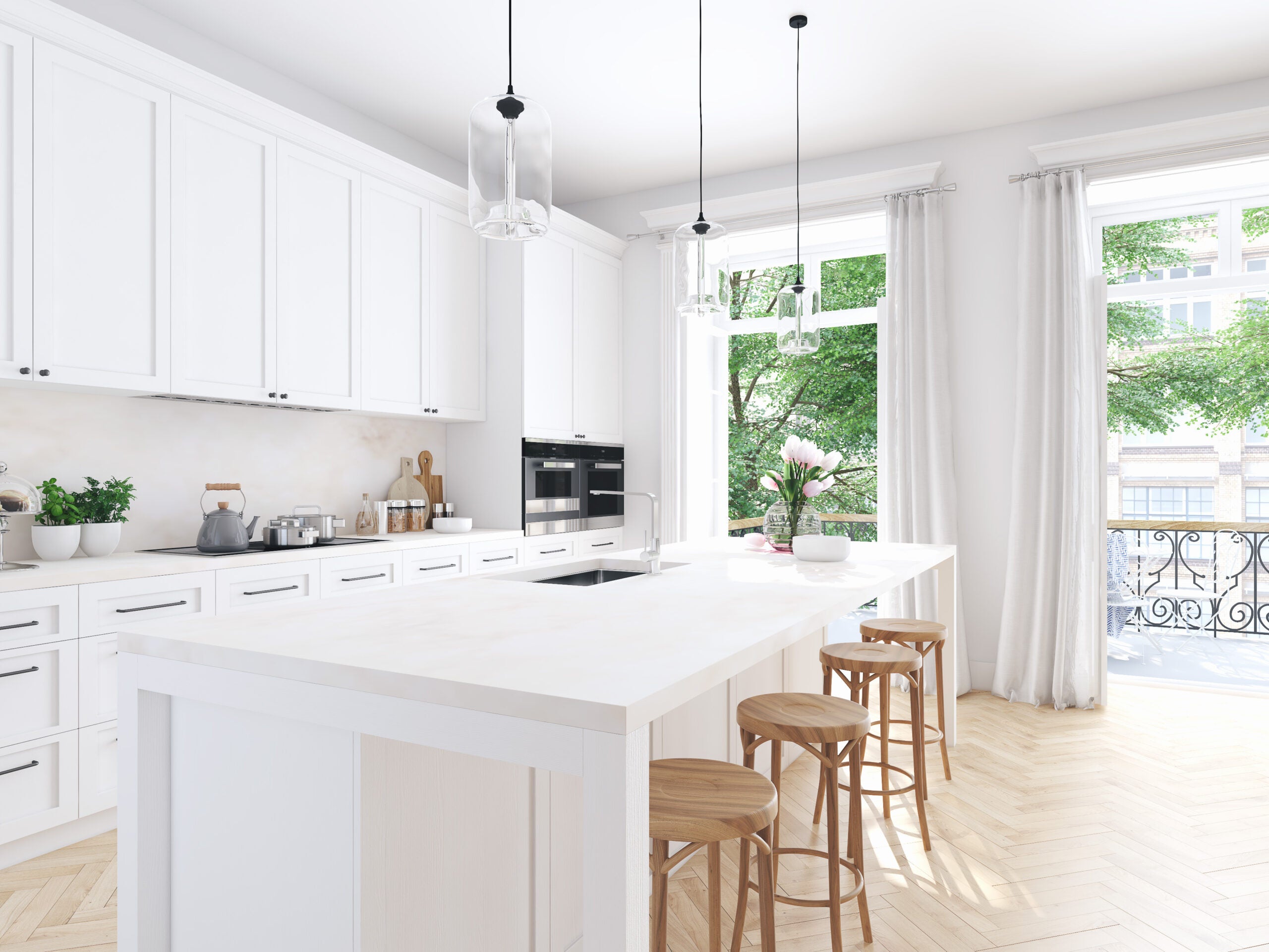 3D rendering of modern kitchen in a loft with white paint color, cabinetry, and counters.