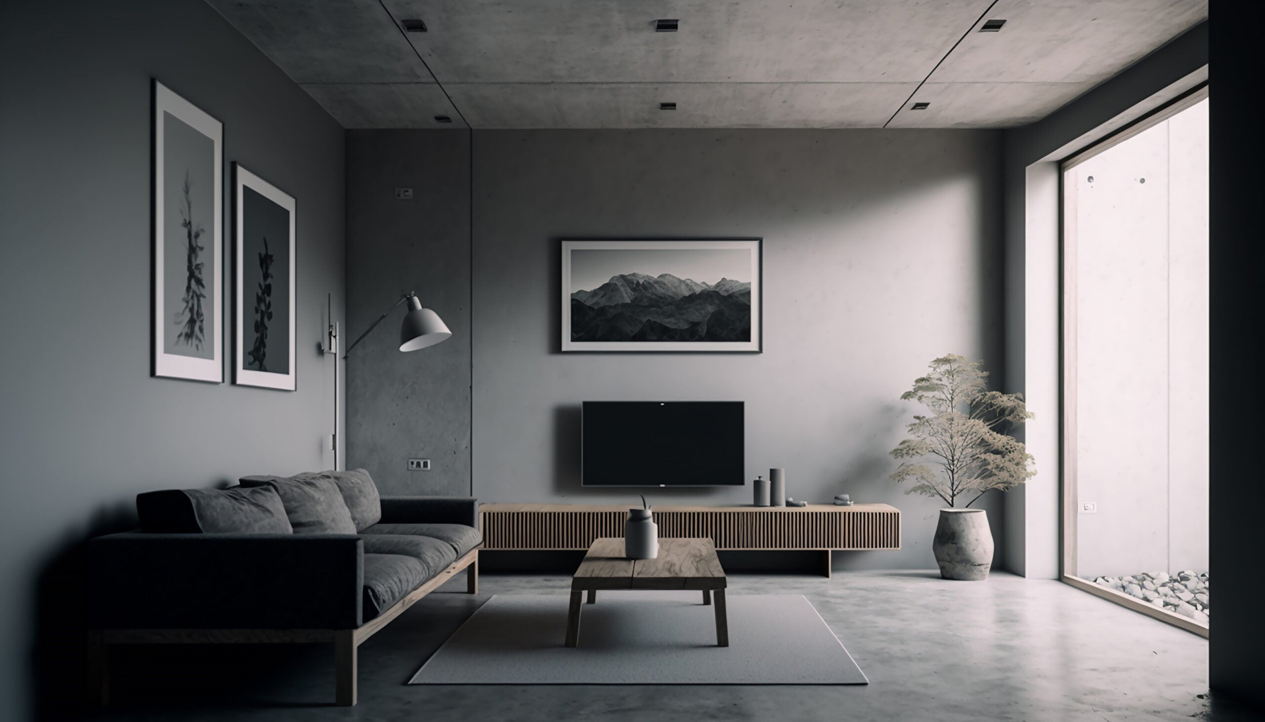 Loft gray living room interior mockup with couch and TV zone, Generative AI paint color