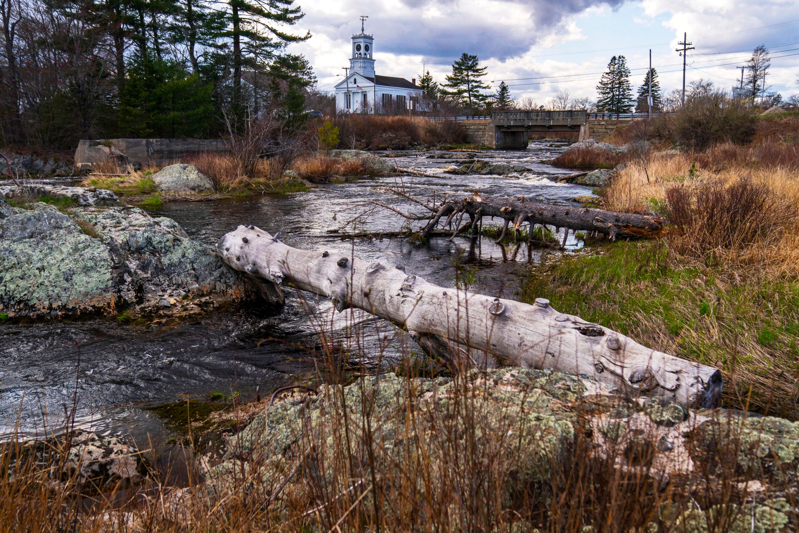 The Pleasant River flows through Columbia Falls, Maine. 