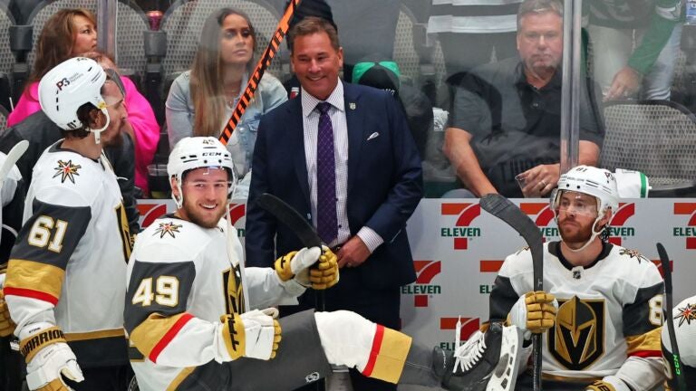 Bruce Cassidy of the Vegas Golden Knights celebrates with his team after the Vegas Golden Knights beat the Dallas Stars 6-0 in Game Six of the Western Conference Final of the 2023 Stanley Cup Playoffs at American Airlines Center on May 29, 2023 in Dallas, Texas.