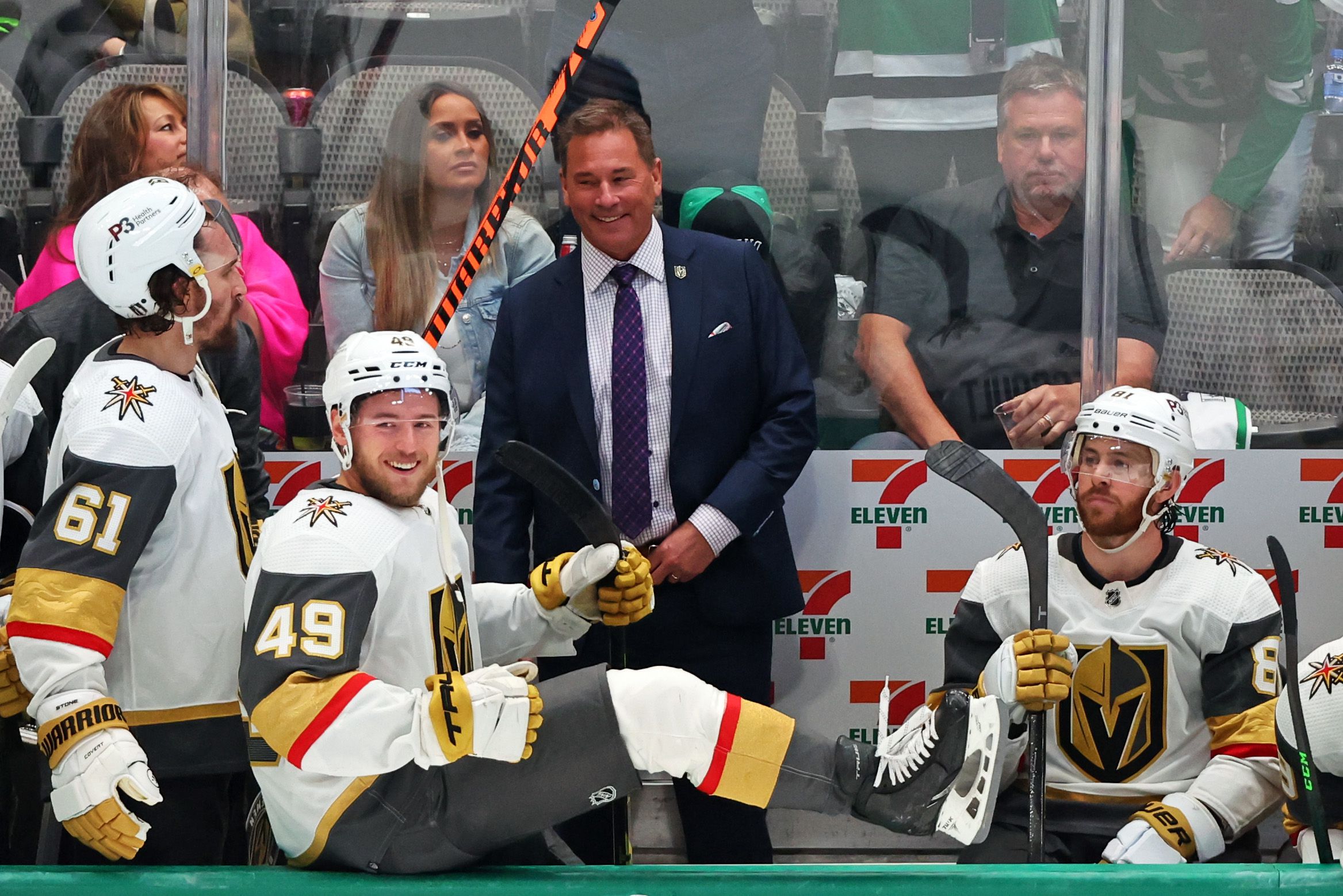 Bruce Cassidy of the Vegas Golden Knights celebrates with his team after the Vegas Golden Knights beat the Dallas Stars 6-0 in Game Six of the Western Conference Final of the 2023 Stanley Cup Playoffs at American Airlines Center on May 29, 2023 in Dallas, Texas.