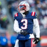 New England Patriots safety Jabrill Peppers (3) reacts during the first half of an NFL football game against the Cincinnati Bengals, Saturday, Dec. 24, 2022, in Foxborough, Mass.