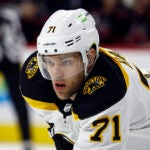 Boston Bruins Taylor Hall (71) waits for a face-off against the Carolina Hurricanes during the third period of an NHL hockey game in Raleigh, N.C., Sunday, Jan. 29, 2023.