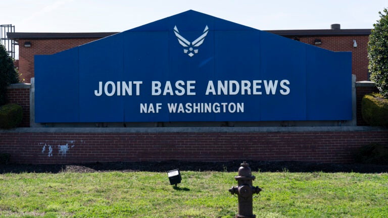 FILE - The sign for Joint Base Andrews is seen on March 26, 2021, at Andrews Air Force Base, Md.