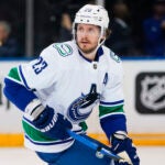Vancouver Canucks defenseman Oliver Ekman-Larsson (23) during the first period of an NHL hockey game against the New York Rangers Wednesday, Feb. 8, 2023, in New York.