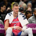 Washington Wizards center Kristaps Porzingis (6) looks on during the second half of an NBA basketball game against the Boston Celtics, Tuesday, March 28, 2023, in Washington.