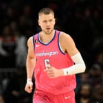 Washington Wizards center Kristaps Porzingis (6) in action during the second half of an NBA basketball game against the Boston Celtics, Tuesday, March 28, 2023, in Washington.