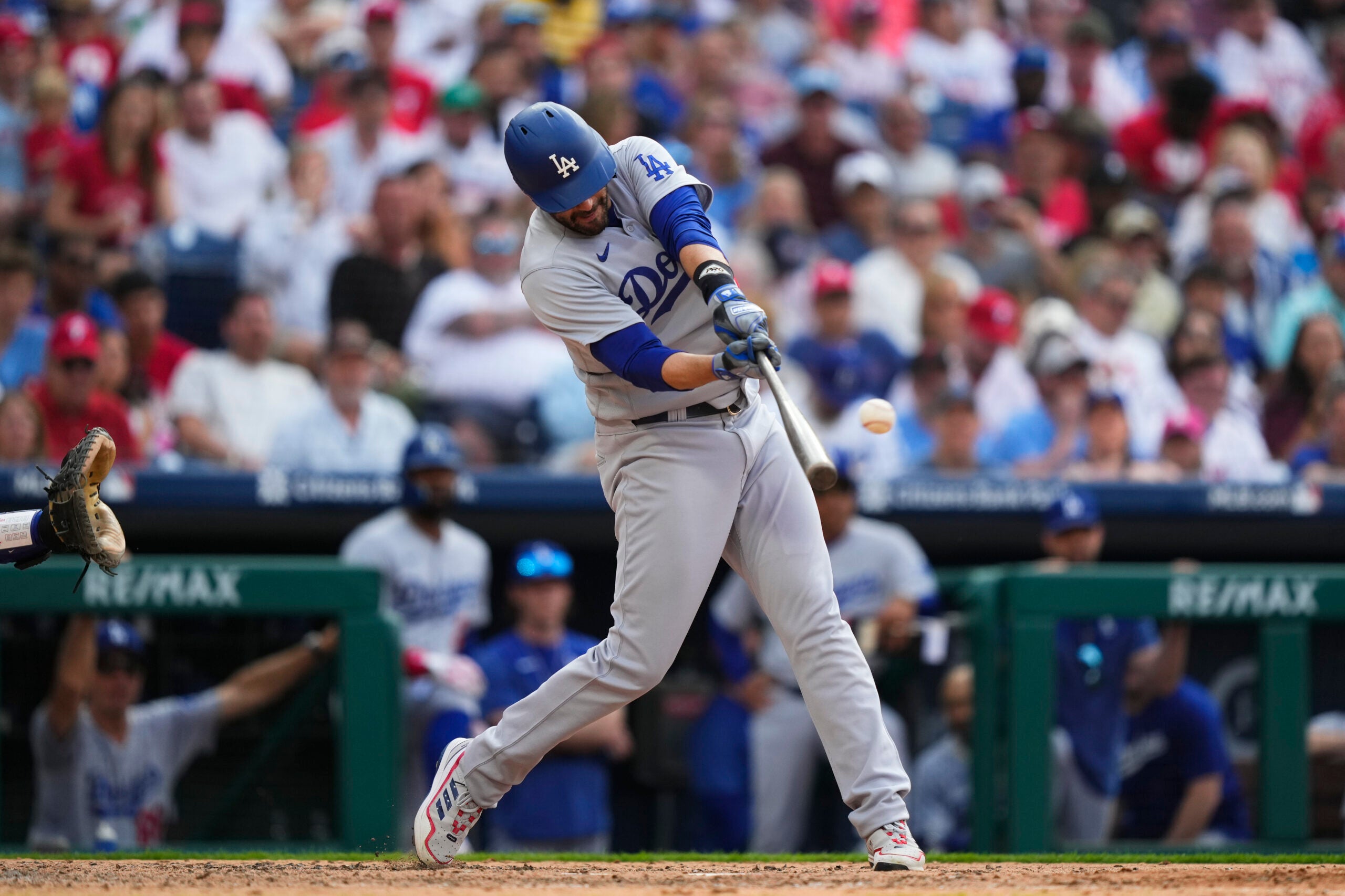 Los Angeles Dodgers designated hitter J.D. Martinez hits a two-run home run.