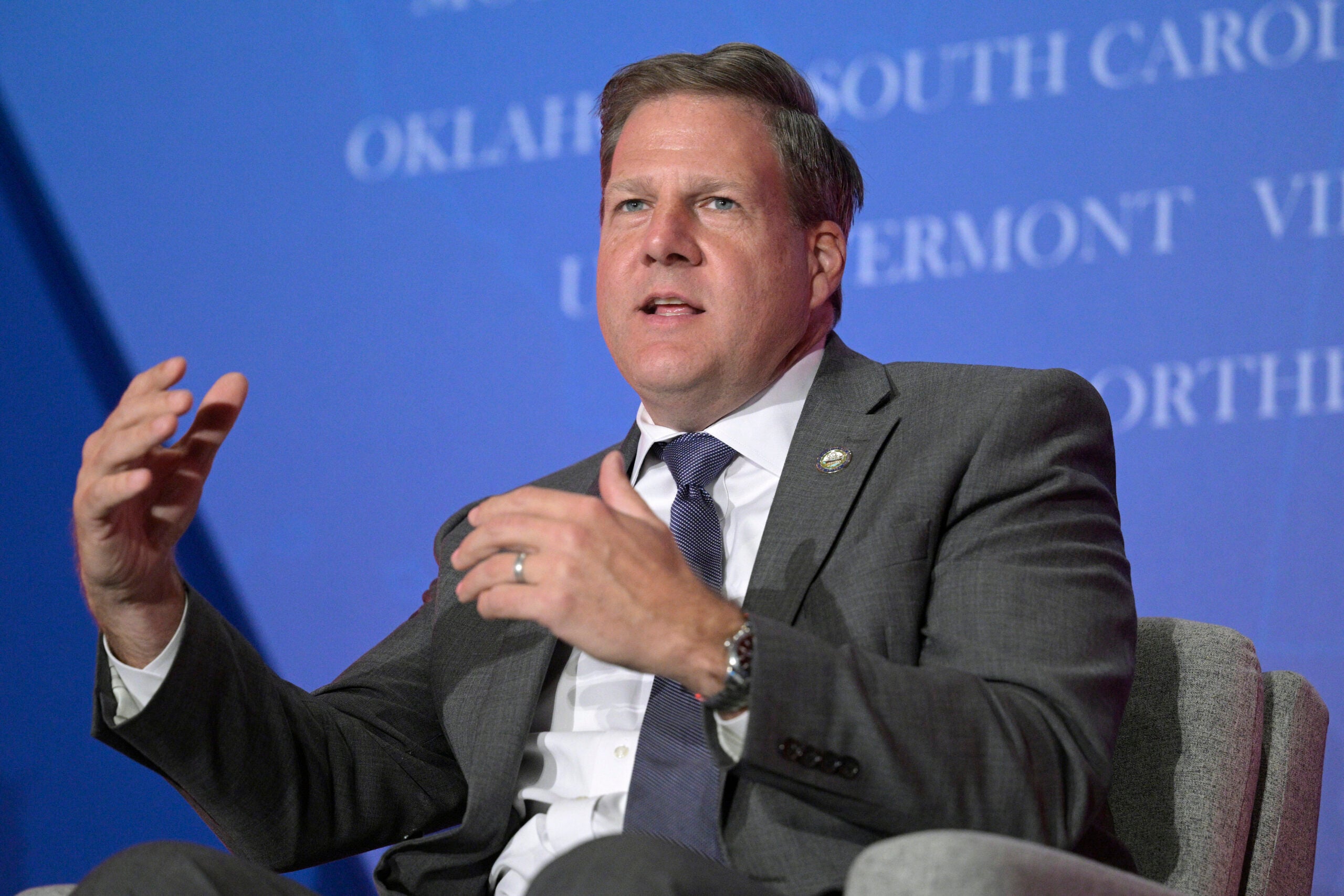 New Hampshire Gov. Chris Sununu takes part in a panel discussion during a Republican Governors Association conference.