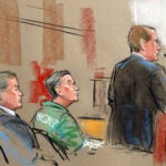 FILE - In this artist depiction, U.S. Attorney Randy Bellows, right, addresses the court during the sentencing of convicted spy Robert Hanssen at the federal courthouse in Alexandria, Va., May 10, 2002.