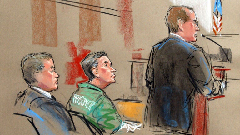 FILE - In this artist depiction, U.S. Attorney Randy Bellows, right, addresses the court during the sentencing of convicted spy Robert Hanssen at the federal courthouse in Alexandria, Va., May 10, 2002.
