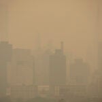 A hazy Manhattan skyline.