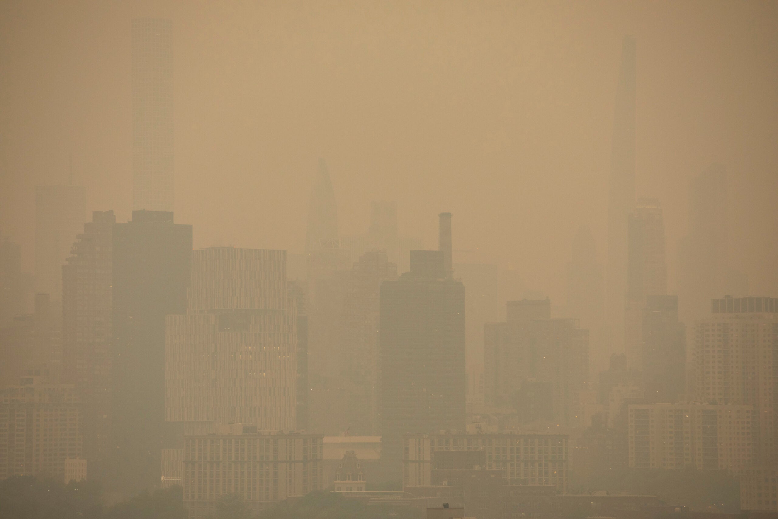 A hazy Manhattan skyline.