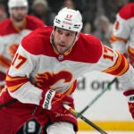Calgary Flames left wing Milan Lucic skates during the third period of an NHL hockey game against the Los Angeles Kings Thursday, Dec. 2, 2021, in Los Angeles.