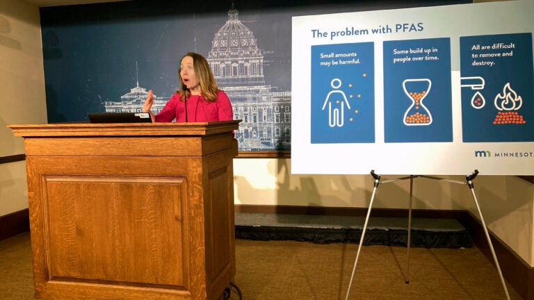 Minnesota Pollution Control Agency Commissioner Katrina Kessler speaks at a news conference at the State Capitol.