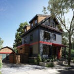 Home with dark gray paneling and red accents. (Rendering)