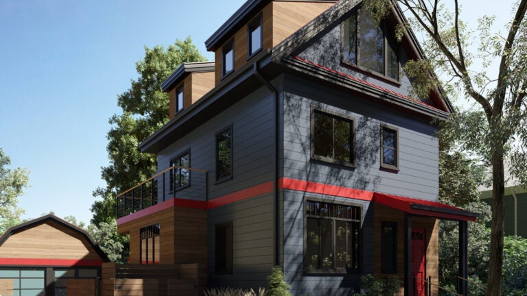Home with dark gray paneling and red accents. (Rendering)