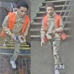 A suspect wearing an orange vest in two photos shared by MBTA Transit Police from State Street station.