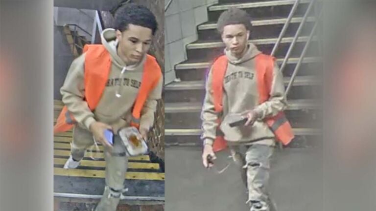 A suspect wearing an orange vest in two photos shared by MBTA Transit Police from State Street station.