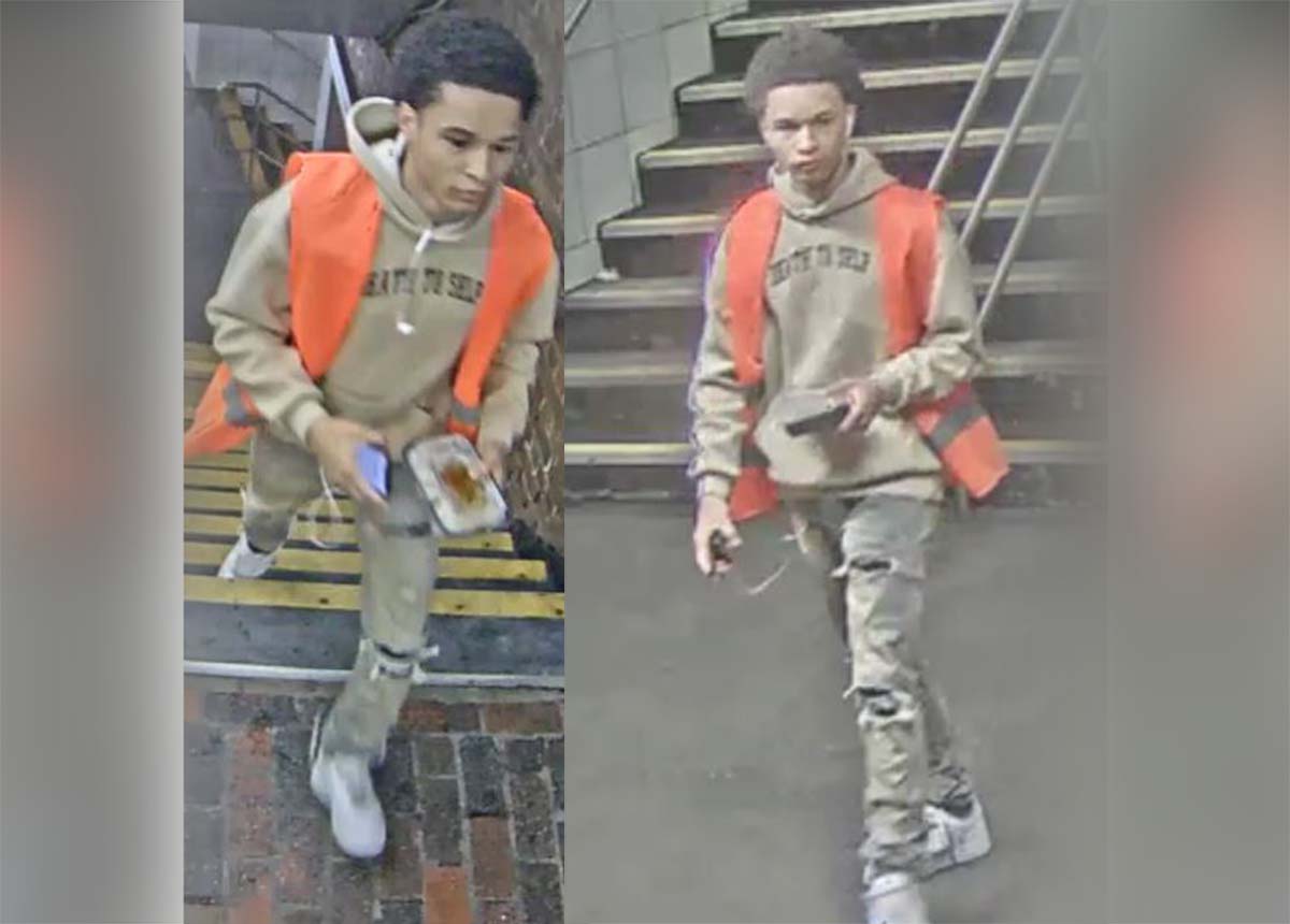 A suspect wearing an orange vest in two photos shared by MBTA Transit Police from State Street station.