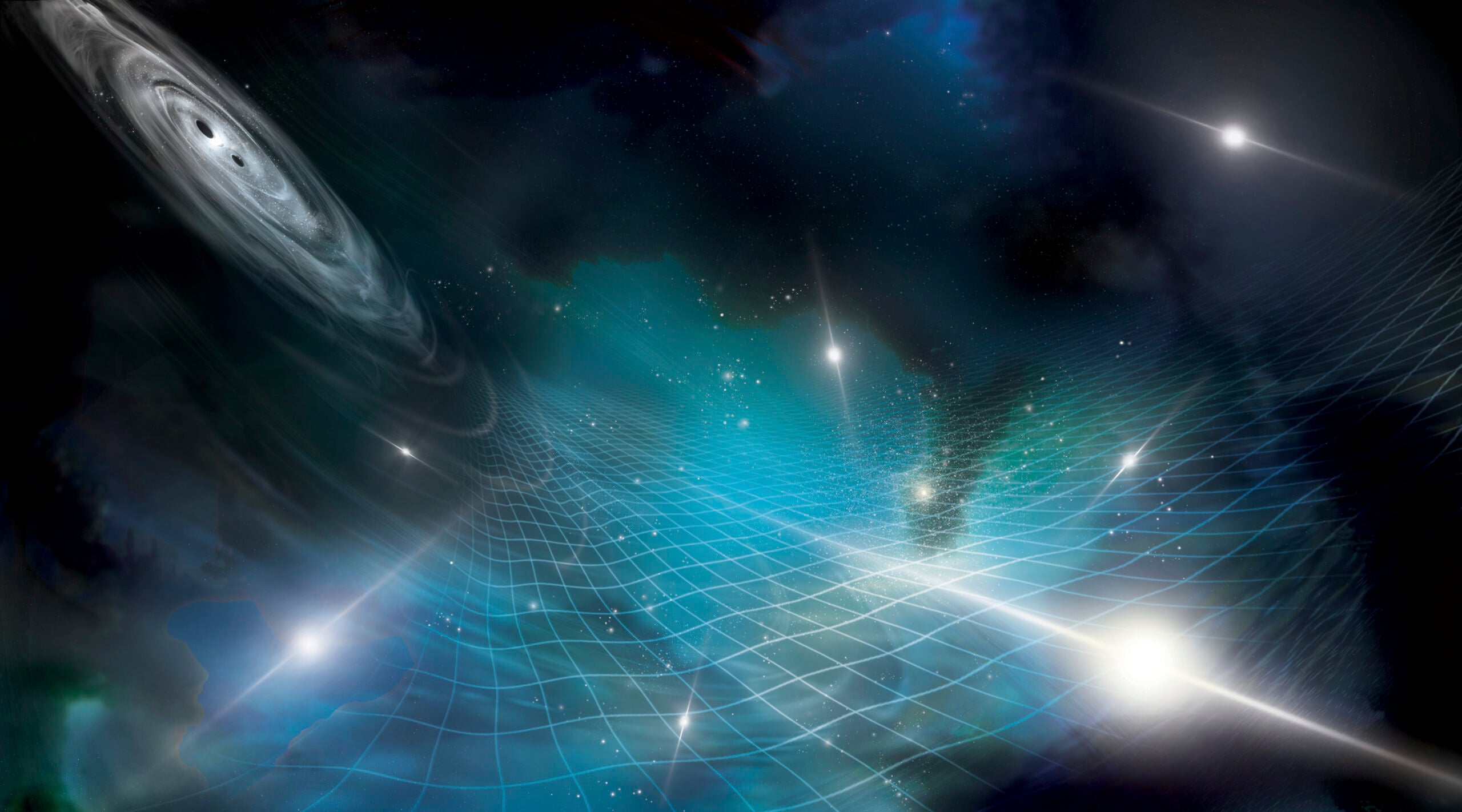 Gravitational waves stretching and squeezing space-time in the universe.
