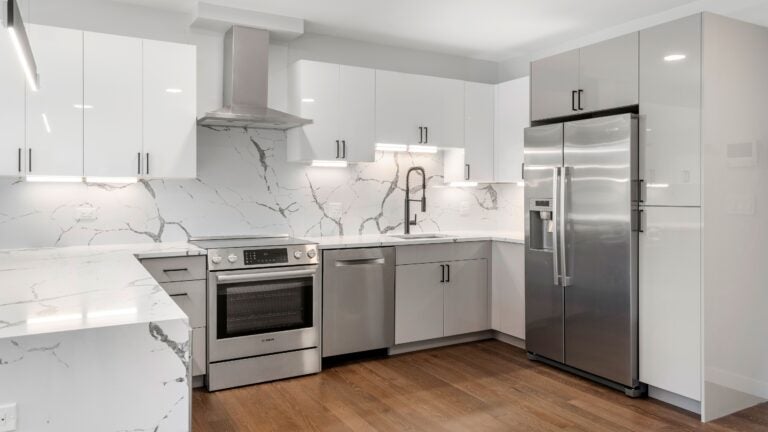 Drone Home Media shot of a Newton condo's kitchen.