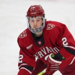 Harvard's Reilly Walsh (2) during an NCAA hockey game against Brown on Friday, Nov. 15, 2019 in Providence, R.I.