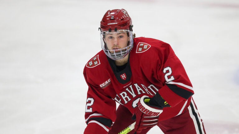 Harvard's Reilly Walsh (2) during an NCAA hockey game against Brown on Friday, Nov. 15, 2019 in Providence, R.I.